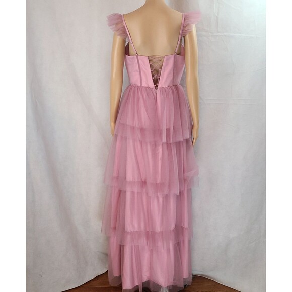New Prom Dress (8) Dusty Rose A-Line Tulle Tiered Layered Long Dress with Slit - Picture 7 of 11